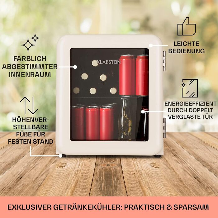 Klarstein Mini Холодильник з скляними дверцятами, 48L, для кімнати та офісу, з висувною полицею, тихий, 0-10°C, 48 літрів, Клас енергоефективності E, кремовий