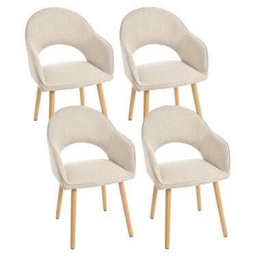 Набір з 4-х оббитих стільців для їдальні з підлокітниками, бежевий колір, дерев'яні ніжки. Підходять для кухні та вітальні.