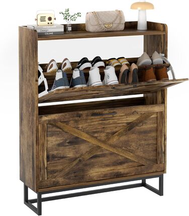 Шафа для взуття з 2 відкидними дверцятами, полиця для взуття в передпокій, вузька шафа-кіпер для взуття з 4 полицями, тумба для взуття з металевими ніжками, органайзер для взуття з дерева для стіни, 80x23,8x101,7 см, Білий (Коричневий)