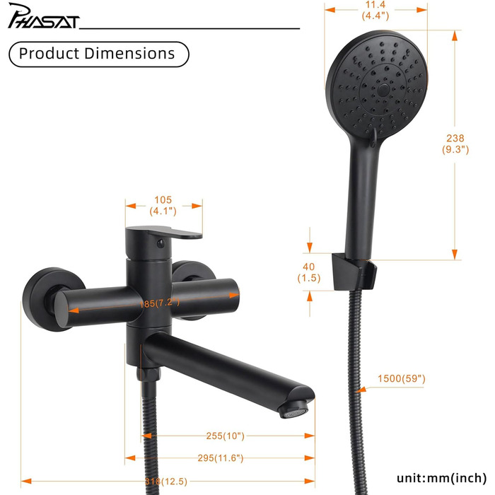 Змішувач для ванни PHASAT з витяжною лійкою, чорний, настінний монтаж, PTBB13E Long spout