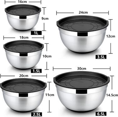 Набір мисок Homikit, 5 шт. з нержавіючої сталі, з кришкою та силіконовим дном, мультифункціональний, для салатів, 6.6L / 3.5L / 2.5L / 1.5L / 1L, чорний