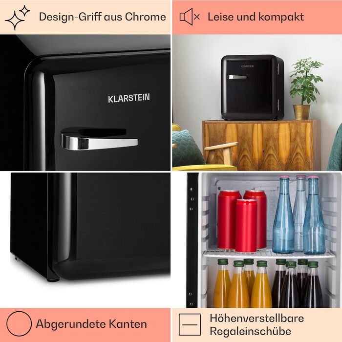 Холодильник Klarstein, міні-холодильник для напоїв, компактний холодильник, тихий, для догляду за шкірою, вінтажний дизайн, для кемпінгу, міні-холодильник для кімнати, 0-10°C, 48 л, енергоклас D, чорний
