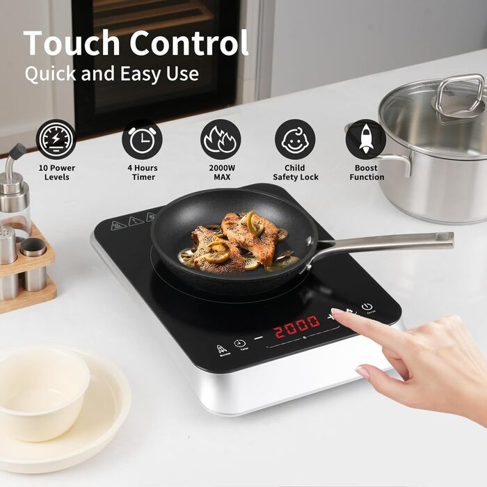 Індукційна конфорка COOKTRON 2000 Вт, 29 см, 10 рівнів температури, таймер на 4 години, сенсорне керування, функція підсилення