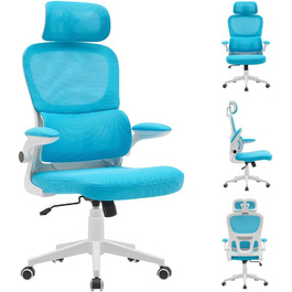 Ергономічне крісло BAKAJI для офісу з підтримкою попереку та підголівником, обертове, регульоване по висоті, дихаючий матеріал, антипотійна тканина (Світло-блакитний)