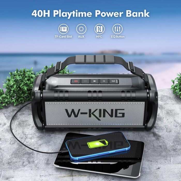 Портативна Bluetooth колонка W-KING 90W з глибоким басом, водонепроникна IPX6, Powerbank, AUX, TF, NFC, 40 годин роботи, EQ, чорно-біла