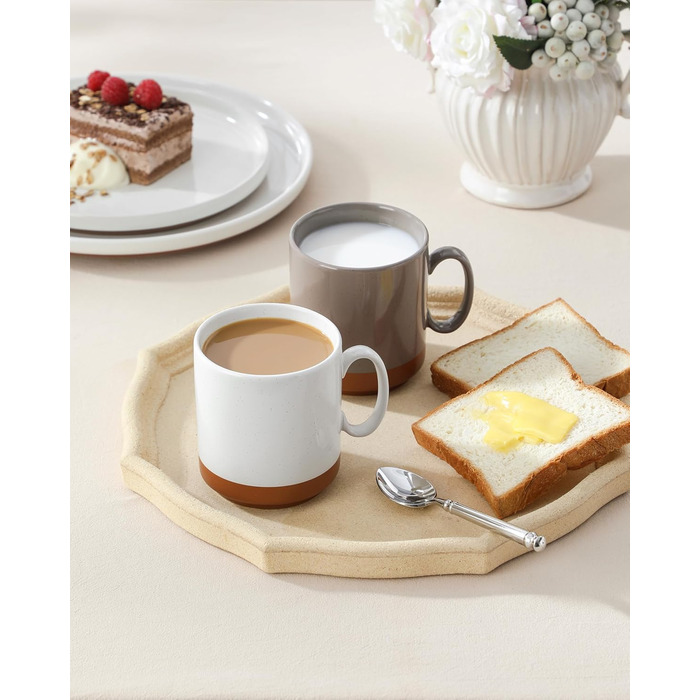 MALACASA Набір посуду з 24 предметів для 6 осіб, керамічний сервіз з реактивною глазур'ю, тепла колірна гамма. Включає: 6 тарілок для їжі, 6 тарілок для десерту, 6 супових тарілок, 6 мисок для мюслі. Колір: білий з коричневим низом (4 чашки для кави, бага