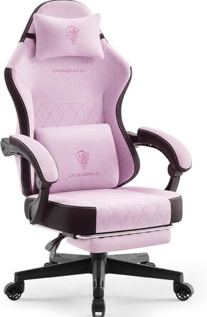 Ігровий крісло Dowinx з тканини, з пружинним сидінням та масажем попереку, офісне крісло з підніжкою для дорослих, ергономічне, велике та високе, 135 кг, рожеве