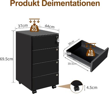 Роликовий контейнер HOMSTEEL з 3 замками, 4 шухлядами, для офісу та дому, білий (44 x 37 x 69.5 см)