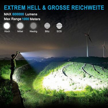 Потужний LED ліхтарик XHP70.2 600000 Люмен, акумуляторний світлодіодний ліхтар з USB-зарядкою, водонепроникний IPX7, з функцією зуму для кемпінгу та надзвичайних ситуацій