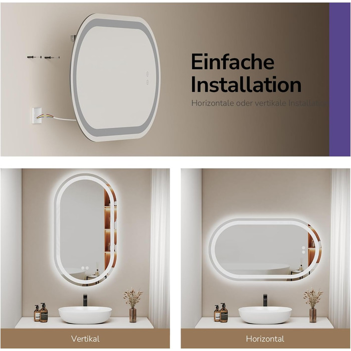 Дзеркало для ванної кімнати EMKE з підсвічуванням 50x90 см, овальне, з сенсорним перемикачем, 3 кольори світла, регулювання яскравості, антизапарник, функція пам'яті, автоматичне вимкнення через 3 години