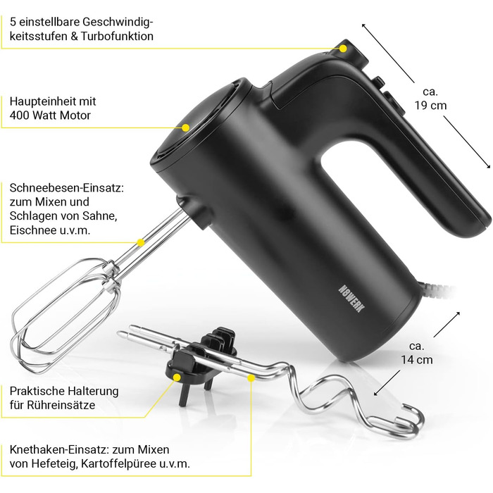 Ручний міксер N8WERK в опівнічному виданні 2 вінчики та 2 гачки для тіста з нержавіючої сталі 5 швидкостей плюс кнопка турбо Кронштейни для вставок 400 Вт