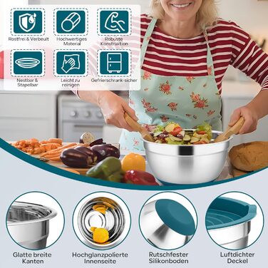 Набір мисок HaWare 6 шт. з нержавіючої сталі з кришками та тертками, 4.6/2.8/2.5/1.6/1.2/0.7 л, силіконове дно, миючі в посудомийній машині