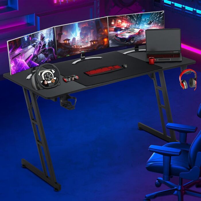 Ігровий стіл Kidsgigglz з LED-підсвічуванням, 120 x 60 см: ергономічний стіл для дому, офісу, кутовий комп'ютерний стіл з тримачем для напоїв та гачком для навушників (140 x 160 см - Z-подібна рама)