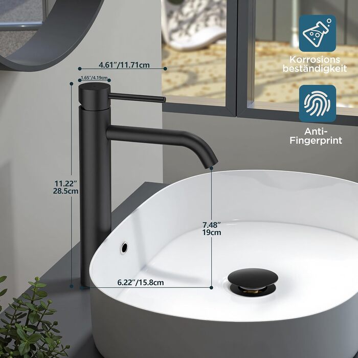 Змішувач для ванної кімнати FORIOUS з набором для зливу, чорний матовий, висота виливу 190 мм, однорідний змішувач для раковини