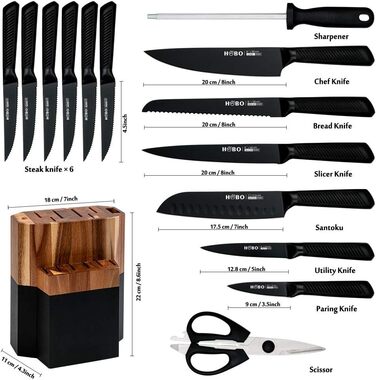Набір кухонних ножів HOBO 15 предметів з дерев'яним блоком, професійний набір з нержавіючої сталі