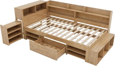 Ліжко дитяче 90x200, дерев'яне з шухлядами, полицями та захистом від падіння, з ламелями та місцем для зберігання, для підлітків, функціональне, без матраца, біле