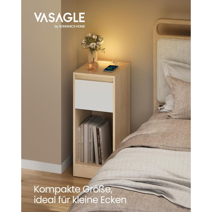 Приліжкова тумбочка VASAGLE з LED-підсвічуванням, USB-A та USB-C, шухляда та відкрите відділення, для спальні/вітальні, білий колір (LET60W0)