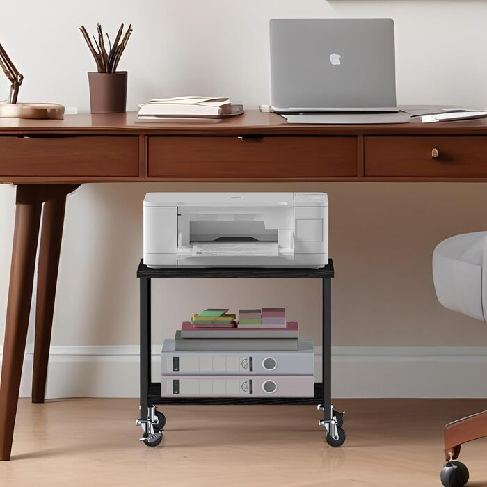 Двоярусний стіл для принтера з роликами, 30x42x37 см, дерев'яний та металевий, мобільний, для офісу та вітальні, чорний