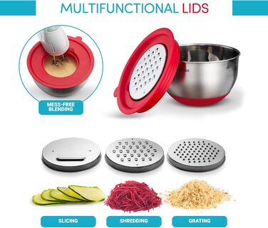 Набір місок для перемішування з кришками (5 шт.) - міски для зберігання продуктів з кришками та терткою - нержавіюча сталь, антиковзаюче покриття, для випічки та приготування їжі