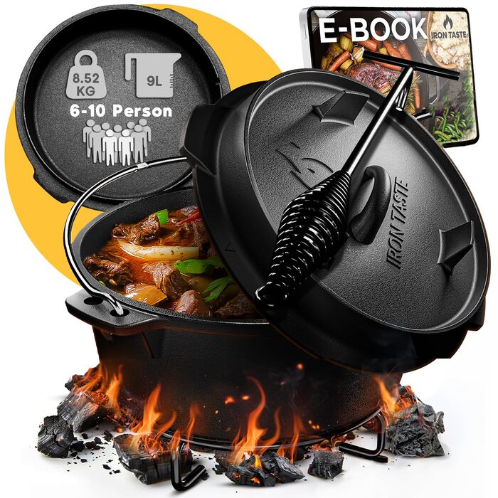 Набір чавунний казан Dutch Oven 9л з кришкою, підставкою з нержавіючої сталі та піднімачем, для 6-10 осіб