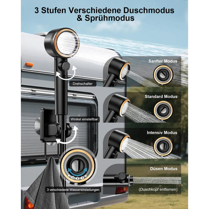 Портативна душ для кемпінгу AUTOPkio з акумулятором 8000mAh, насосом та дисплеєм, IPX8, чорний