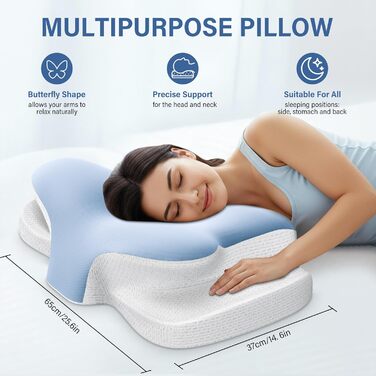 Подушка для шиї з піною з пам'яті, дихаюча, ергономічна, 65x37x10/12 см (Блакитна)