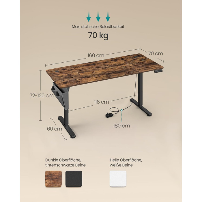 SONGMICS Стол письменний електричний, 160 x 70 см, регульована висота, 4 положення пам'яті, для офісу, вінтажний коричневий, LSD136K01