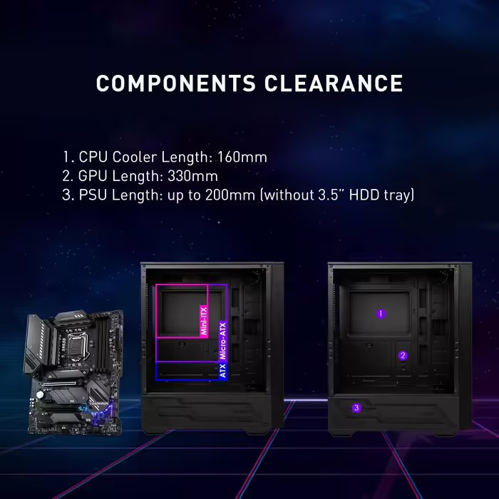Ігровий корпус MSI MAG Forge 112R, середній форм-фактор, скляна бокова панель, 4 aRGB вентилятори 120 мм, підтримка водяного охолодження 240 мм