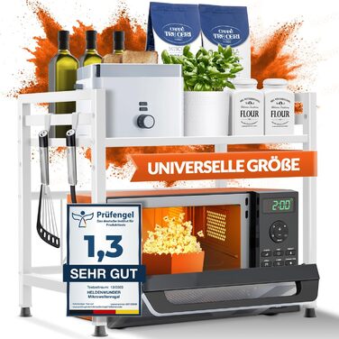 Стійка для мікрохвильової печі та кухонні полиці з нержавіючої сталі, 2-ярусна | Стійка для мікрохвильовки, полиця для зберігання, полиця для пекаря, регульована висота та довжина | З інструкцією у відеоформаті та гачками (Білий)