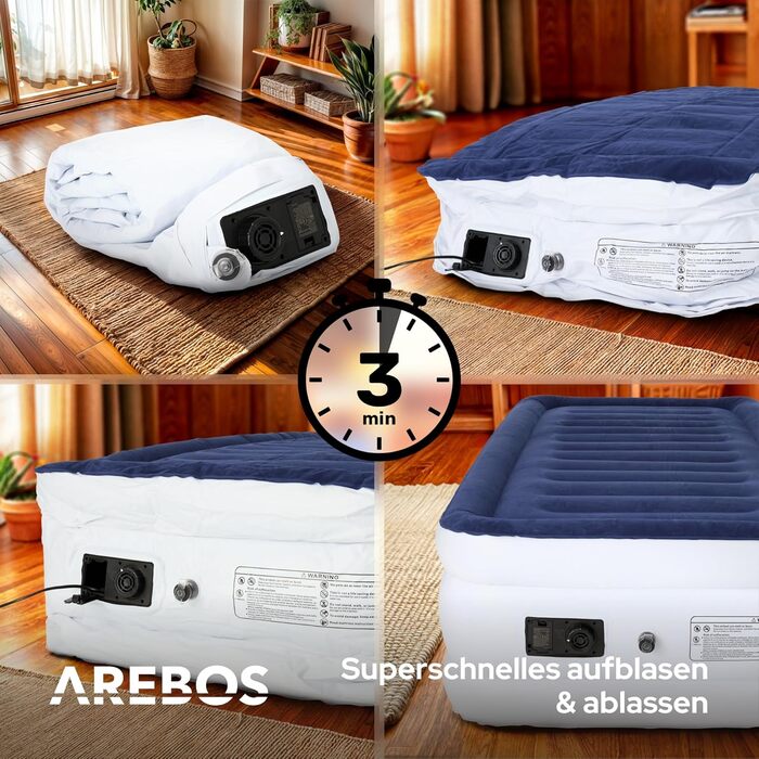 Надувний матрац Arebos | Самостійно надувний матрац 203 × 95 × 51 см для 1 особи | Гостьовий матрац з електричним насосом | Надувний матрац з сумкою для транспортування для кемпінгу/до дому | (Синій/Білий)