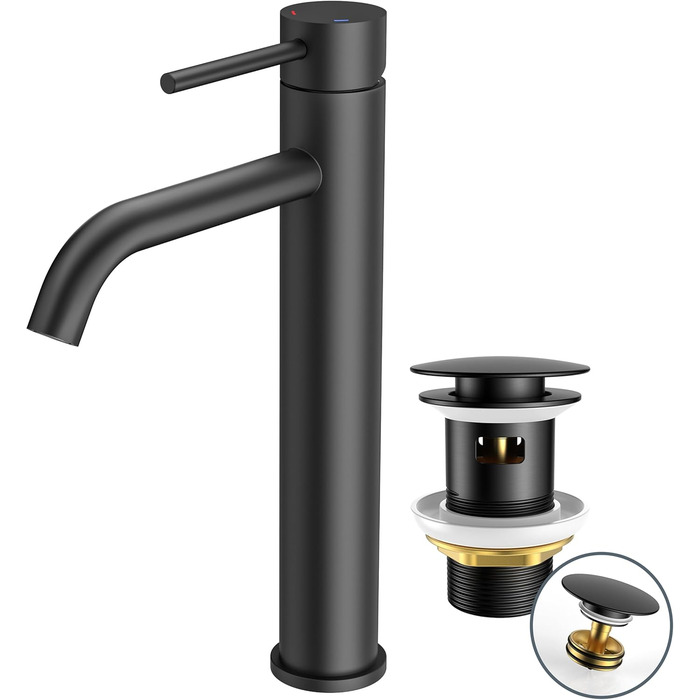 Змішувач для ванної кімнати FORIOUS з набором для зливу, чорний матовий, висота виливу 190 мм, однорідний змішувач для раковини