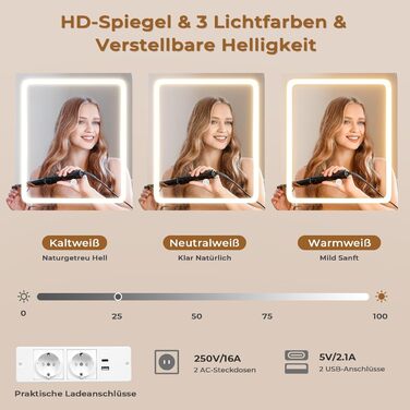 Трюмо AOGLLATI з розеткою, LED-підсвічуванням, регульованою яскравістю, шухлядами та полицями. Косметичний столик зі дзеркалом (білий)