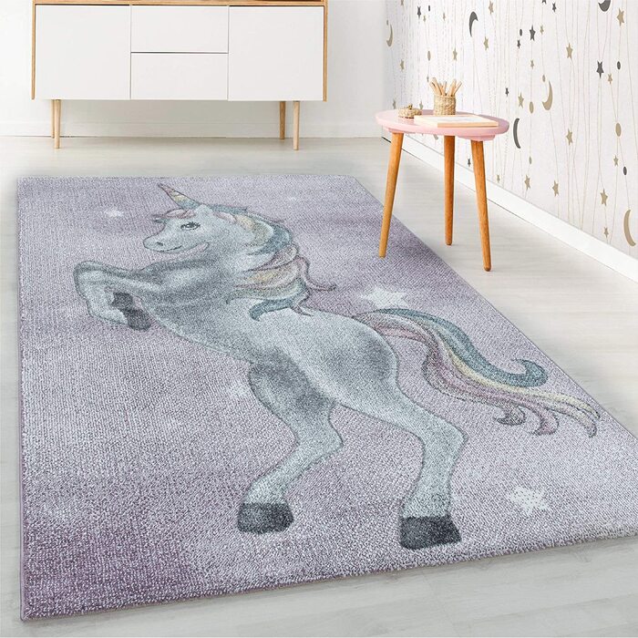 Дитячий килим HomebyHome з коротким ворсом, м'який килим для дитячої кімнати з дизайном у вигляді єдинорога і зірки, Колір Фіолетовий, Розмір 140x200 см