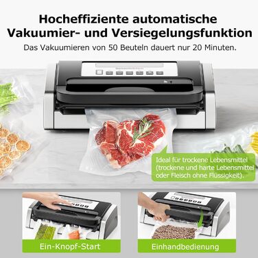 Вакууматор Bonsenkitchen для продуктів, потужний вакуумний пакувальник (15л/хв) з вбудованим різаком та ручкою-фіксатором, чорний