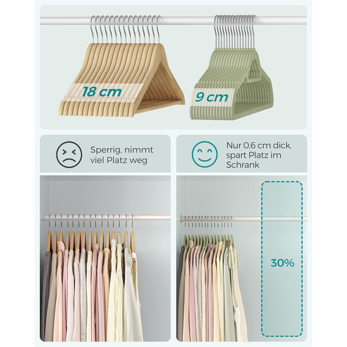 Плечики SONGMICS для одягу, велюрові, 20 шт., антиковзаючі, для краваток, 360° обертання, 0,6 см, економія місця, 43,5 см, для пальто, штанів, срібно-світло-зелені