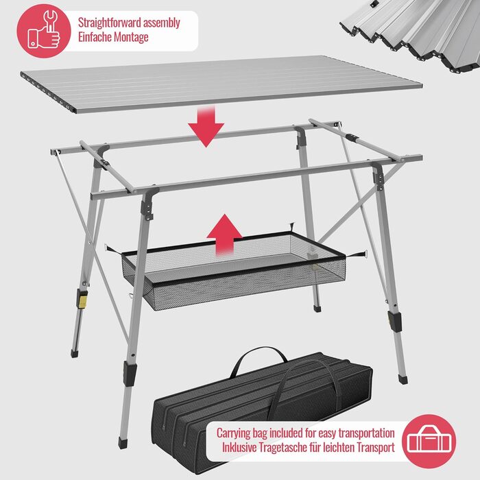 Кемпінговий стіл MIADOMODO - складний, регульований по висоті, 90x45 см, виготовлений з алюмінію, з сумкою для перенесення, місцем для зберігання, легкий, зовнішній/внутрішній, чорний/сріблястий - розкладний стіл, садовий стіл, розкладний стіл (срібло)