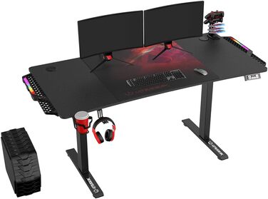 Ігровий стіл ULTRADESK Level V2 LED RGB з електричним регулюванням висоти Внутрішня пам'ять на 2 налаштування Подовжувач, килимок для миші розміру XXL Сталева рама, червона накладка, 140x68 см