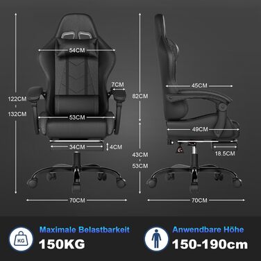 Ігровий крісло JUMMICO з масажем, ергономічний офісний крісло з підголовником для попереку, регульована спинка 90-135°, підставка для ніг, чорний, до 150 кг