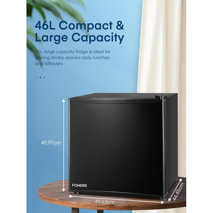 Міні-холодильник E 46L з морозильною камерою, енергоощадний, регулювання температури, рівень шуму 42 дБ, чорний — для офісу, кухні та спальні