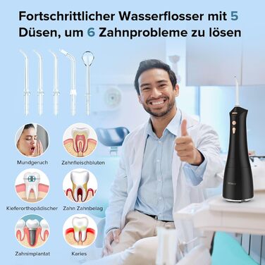 Електричний ірigator для порожнини рота Munddusche, 5 режимів, 5 насадок, 300 мл резервуар, перезаряджається, для чищення зубів та ясен, водонепроникний IPX7, чорний