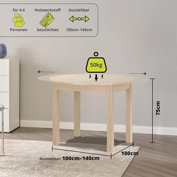 Висувний обідній стіл Smart 90x60 см: дерев'яний стіл для кухні, розширюється до 130 см, на 6 осіб (дуб)