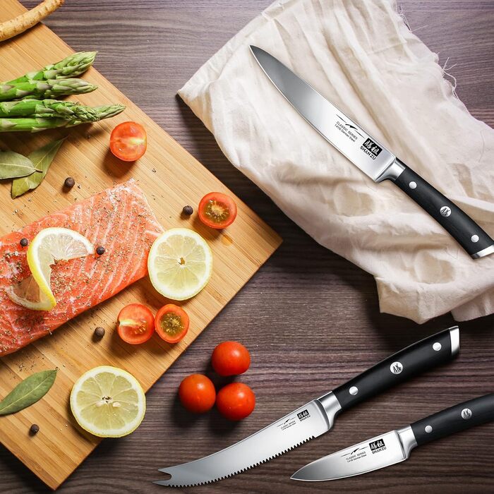 Набір кухонних ножів SHAN ZU з бруском, 14 предметів. Професійний німецький набір ножів для кухні з бруском, дерев'яний, сріблястий.