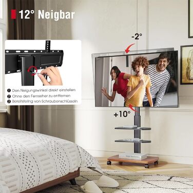 Підставка для телевізора мобільна з поличками Holzablage 32-65 дюйми, чорний/вінтажний коричневий, до 40 кг, VESA 400x400