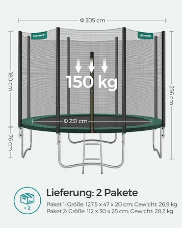 Батут SONGMICS садовий Ø305 см з захисною сіткою, драбиною та м'якими стійками, зелений
