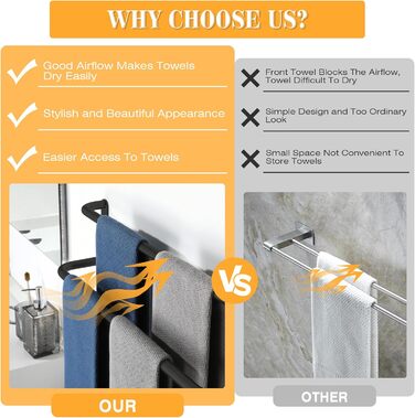 Тримач для рушників подвійний, нержавіюча сталь 304, 40 см, чорний. Настінний тримач для рушників у ванну та кухню. Набір для ванної кімнати