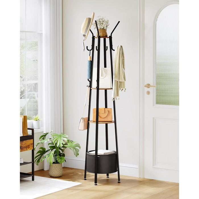 Вішалка для одягу Hzuaneri з великим кошиком для зберігання, 3 полиці, 16 гачків, 182,5 см, коричнево-чорна CR27301B