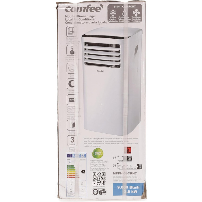 Мобільний кондиціонер Comfee MPPH-09CRN7, 9000 BTU 2,6 кВт, охолодження, вентиляція та осушення, площа приміщення до 88 м (33), мобільний кондиціонер зі шлангом для відпрацьованого повітря 09K-33m-A