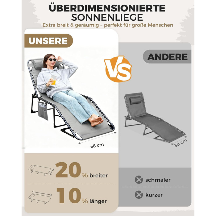 Лежак для відпочинку KingCamp великого розміру, складаний, 5 положень, для саду, кемпінгу, пляжу, з подушкою та кишенею, до 200 кг, 200 x 68 см, сірий