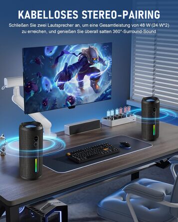 Портативна Bluetooth колонка OHAYO 24W з RGB підсвічуванням, басами, IPX7, 30 годин роботи, мікрофоном, для відпочинку на природі (чорна)