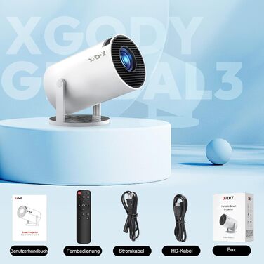 Проектор Xgody Gimbal 3 New: 12000 Люмен, Android 11.0, WiFi 6, Bluetooth, Auto Keystone, Підтримка 4K 1080P, 720P HD, для домашнього кінотеатру (білий)